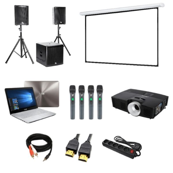 Location Kit Karaoké 120 personnes avec micro, ordinateur, câble, écran, vidéo-projecteur, multiprise, sono, table de mixage et trépieds