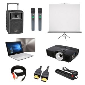 Location Kit Karaoké 25 personnes avec vidéo projecteur, écran, PC, câble, multiprise, micro et enceinte